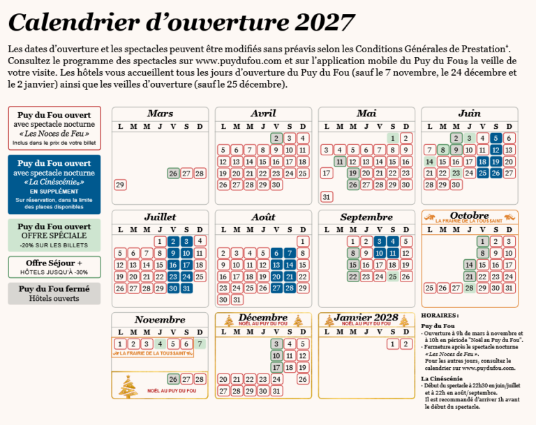 Calendrier d'ouverture du Puy du Fou 2027 - Au Petit Bignon